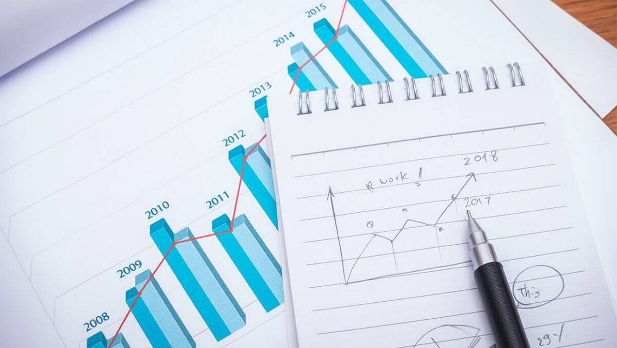 Caderno com gráfico desenhado à mão e caneta sobre papéis com gráficos de barras azuis e linhas vermelhas de 2008 a 2015.